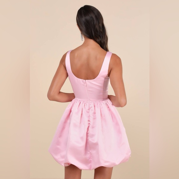 Lulus Regal Cutie Light Pink Satin Square Neck Bubble-Hem Mini Dress - Picture 4 of 8